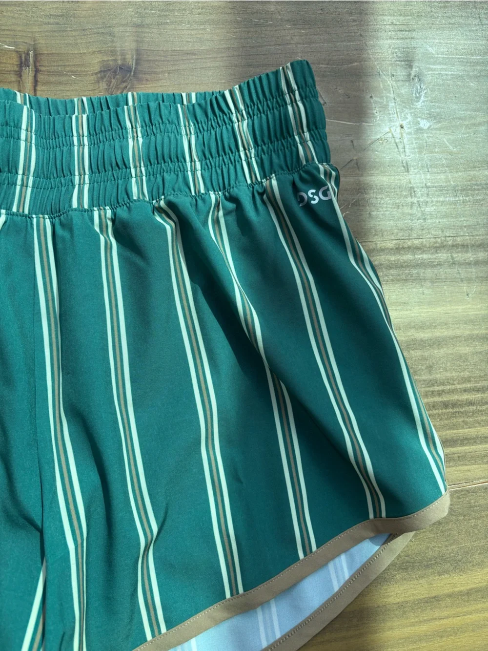 DSG Green Striped Athletic Shorts with Tan Trim
